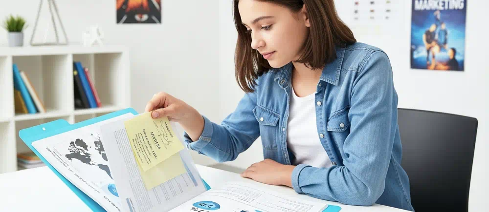 Chica hojeando sus apuntes en su carpeta con fundas comprada en Papelería virtual Papeleris