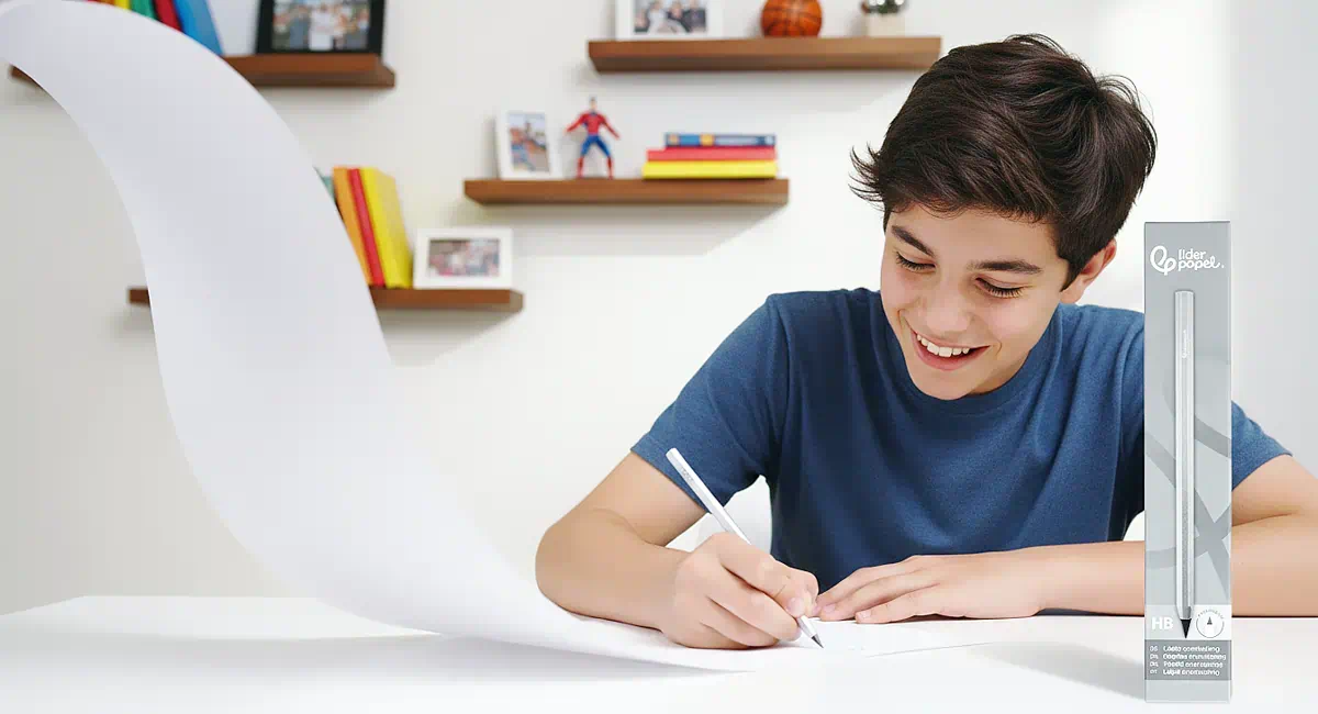 niño escribiendo con lápices infinitos de papeleris