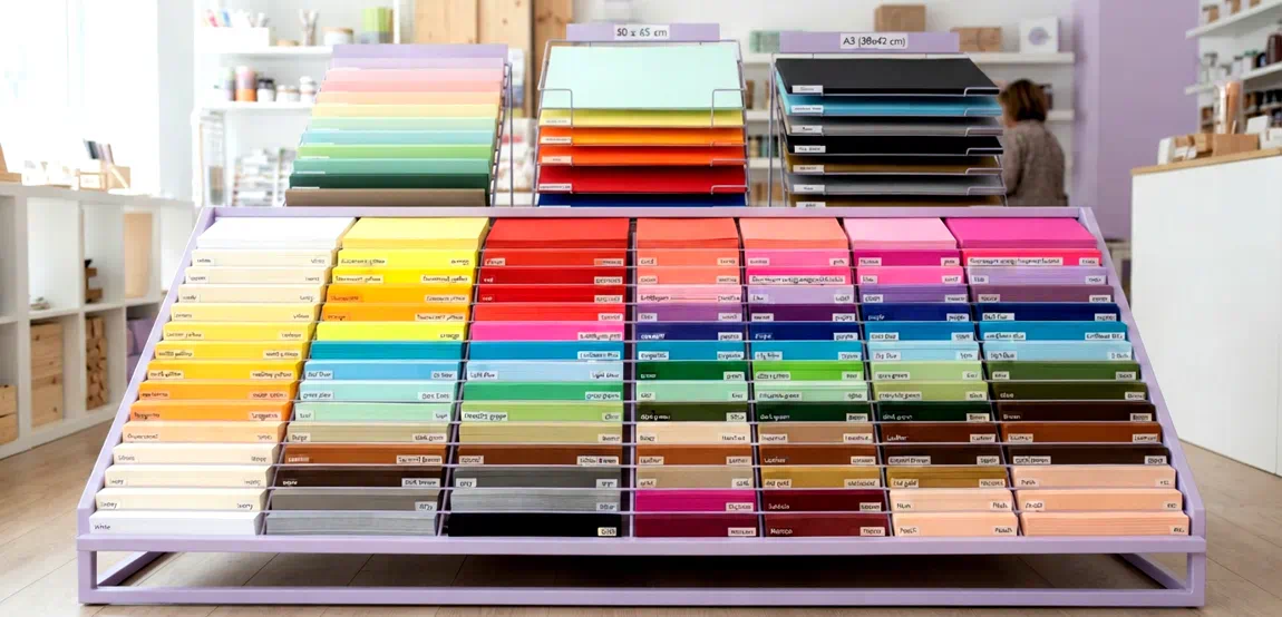 Cartulinas de todos los colores y tamaños expuestas en expositores de papeleris