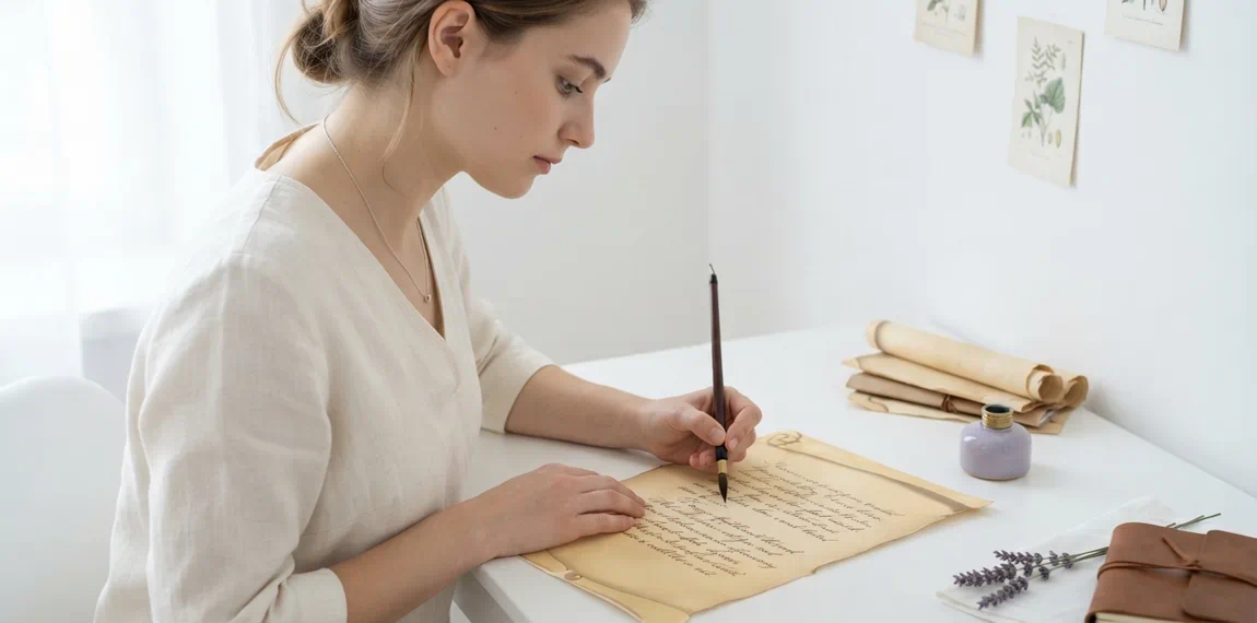 Chica haciendo un escrito conmemorativo en papeles especiales de tipo pergamino antiguo de Papeleris