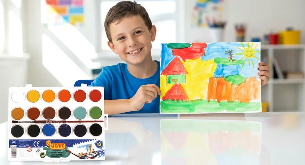 Pinturas escolares con niño enseñando dibujo hechos con acuarelas