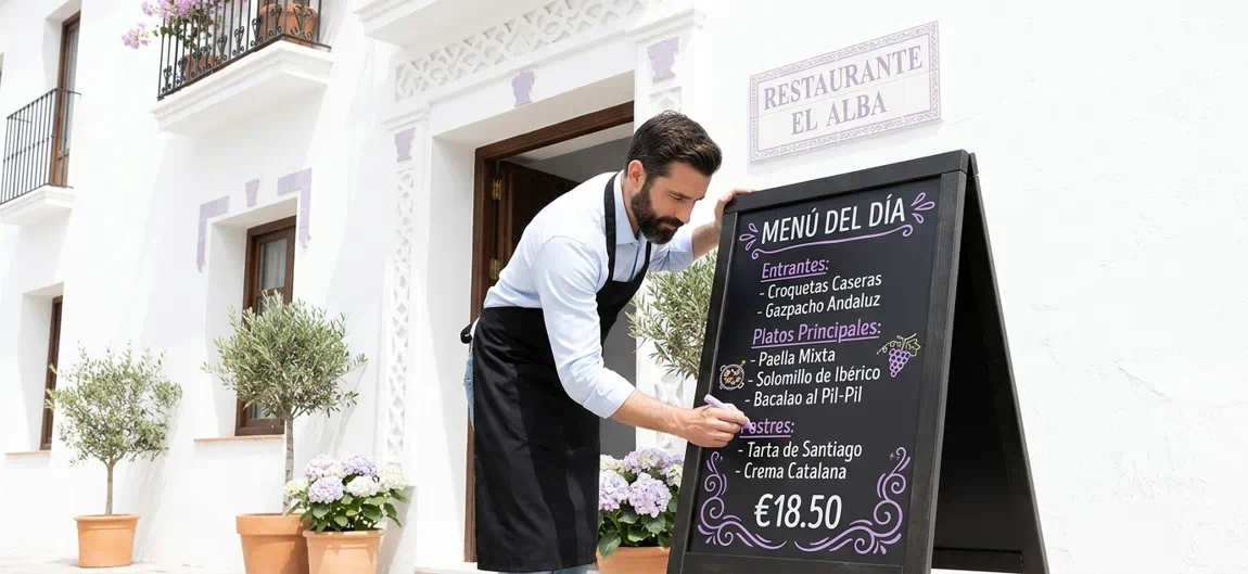Hombre poniendo el menú del día de su restaurante en pizarra negra de Papeleris