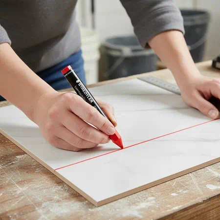 alicatador marcando azulejo con mina de cera omnichrom roja 1 | lápiz de carpintero