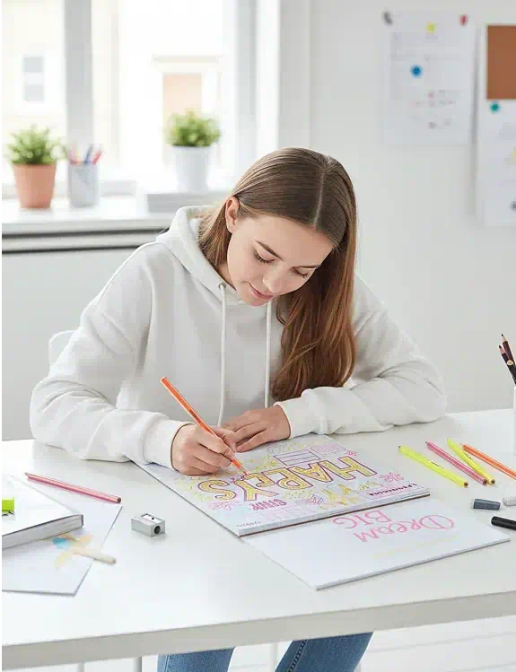 chica escribiendo con lapices fluorescentes staedtler de papeleris | lápices infinitos