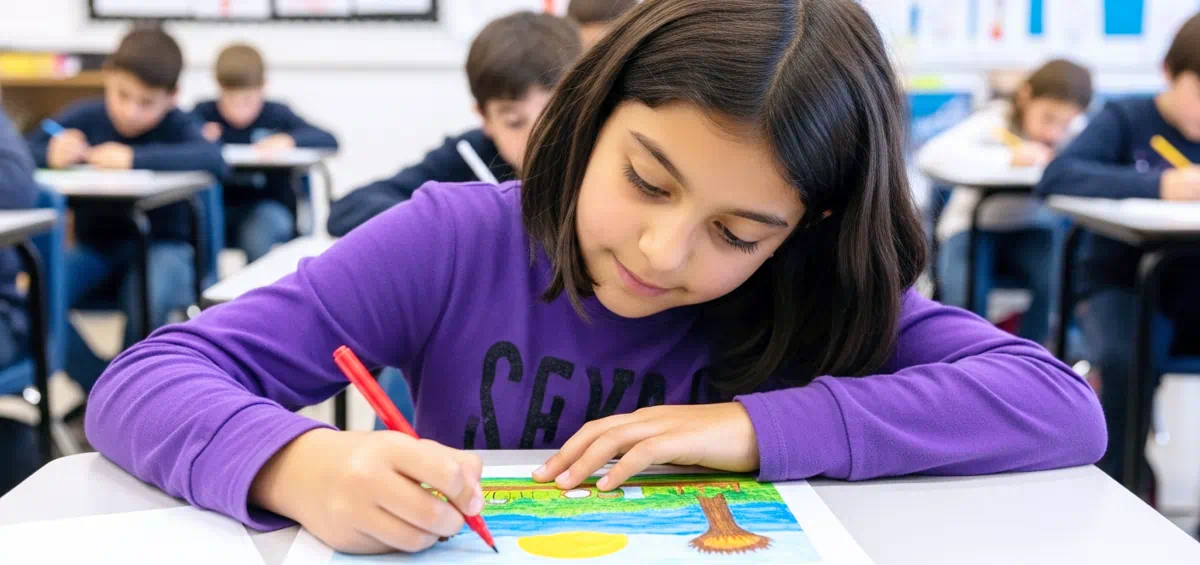 Niña pintando en el colegio con rotuladores escolares comprados en Papeleris.