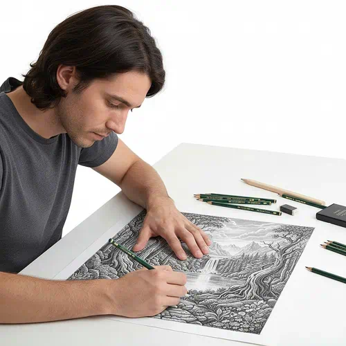 hombre dibujando un paisaje espectacular con lapices de dibujo de papeleris 1 | lápices