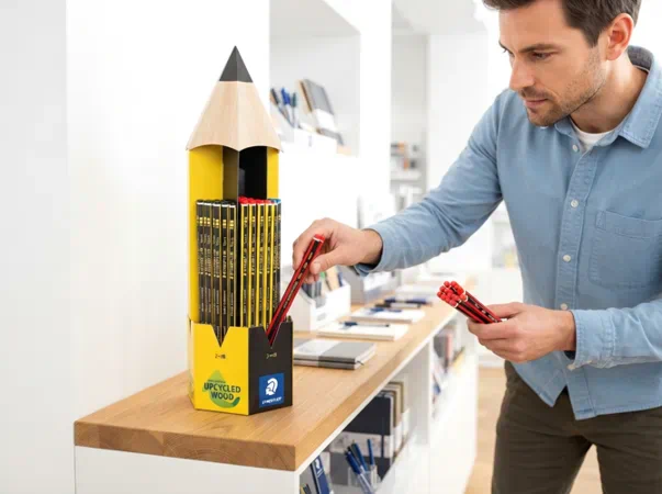 hombre papelero colocando lapices en un expositor staedtler | cambio de lápices Staedtler Noris