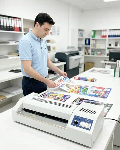 hombre plastificando con plastificadora profesional de papeleris en su papeleria | plastificadoras