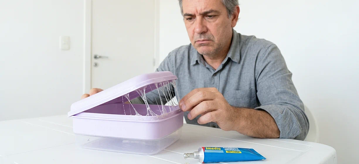 hombre que no ha utilizado el pegamento adecuado segun el material | pegamentos