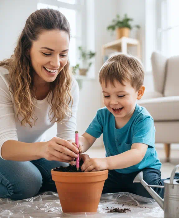 madre e hijo plantando un lapiz de papeleris | lápices infinitos