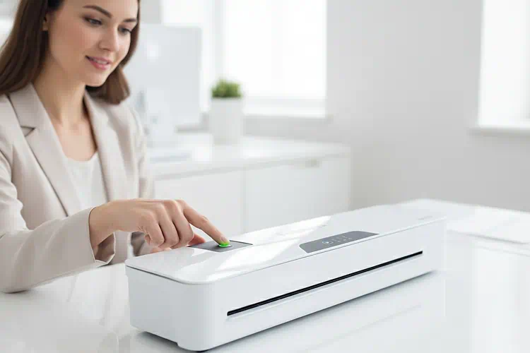 mujer encendiendo plastificadora | cómo plastificar