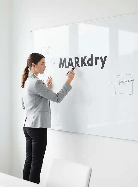 mujer escribiendo en pizarra blanca con lapices stabilo markdry de papeleris | lápices infinitos