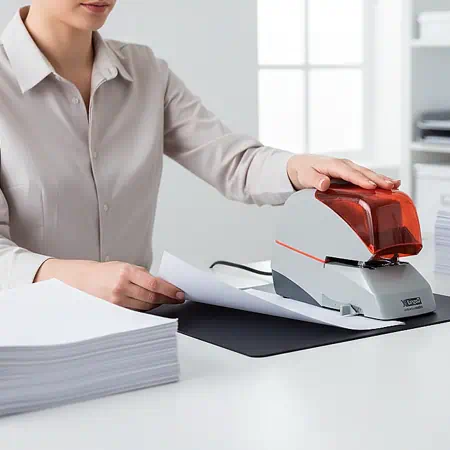 mujer grapando hojas con grapadora electrica de oficina o sobremesa 1 | Grapadoras de Oficina