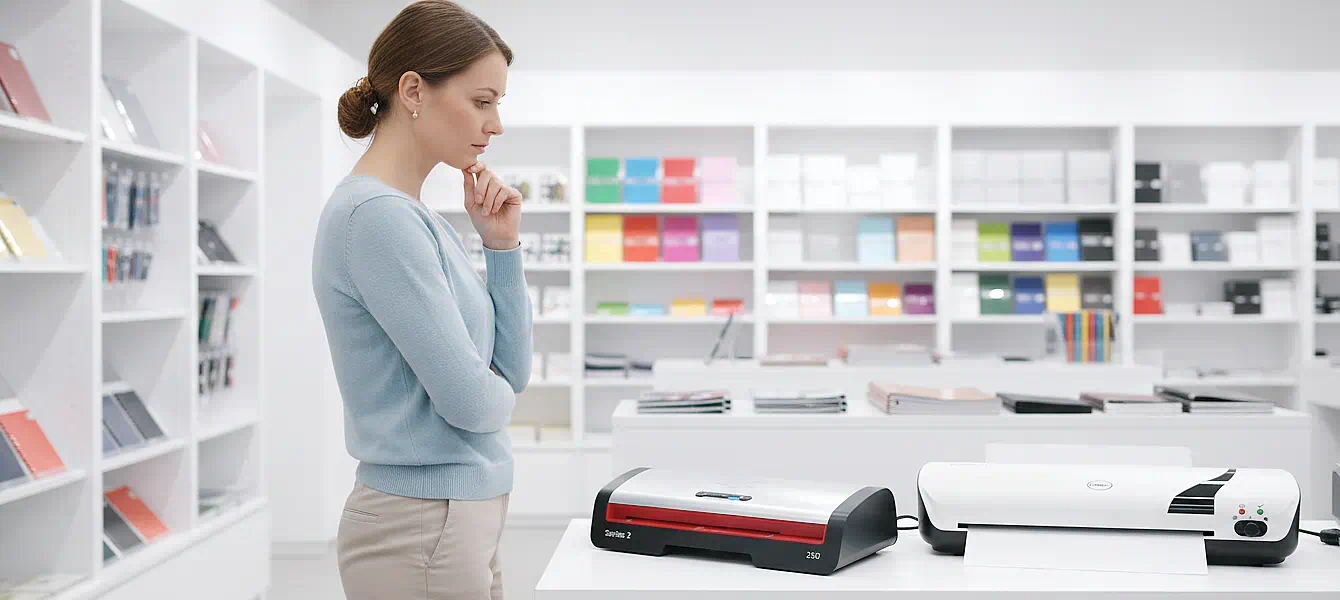 mujer intentando decidir que plastificadora comprar | plastificadoras