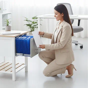 mujer joven de oficina ordenando documentos en carpetas colgantes de papeleris | archivadores