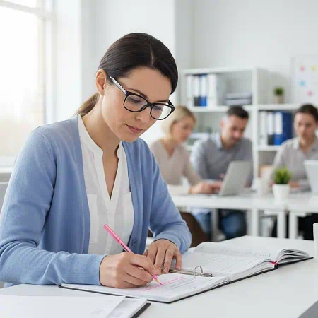 mujer marcando apuntes con lapiz fluorescente especial | lápices