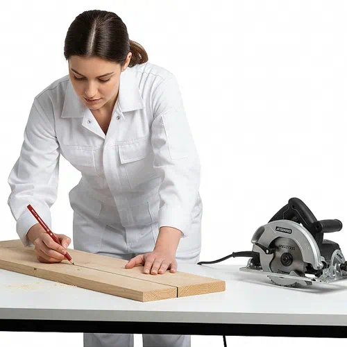 mujer marcando con lapiz profesional de carpintero una tabla de madera | lápices