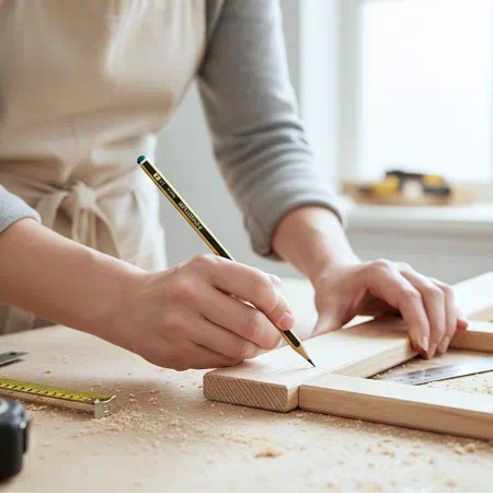 mujer marcando madera con lapiz para madera sataedtler | lápiz de carpintero