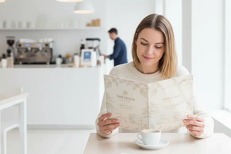 mujer viendo carta plastificada de calidad | cómo plastificar