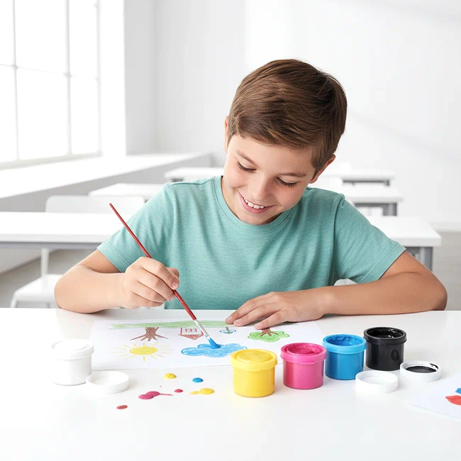 nino pintando dibujo con temperas escolares | Pinturas