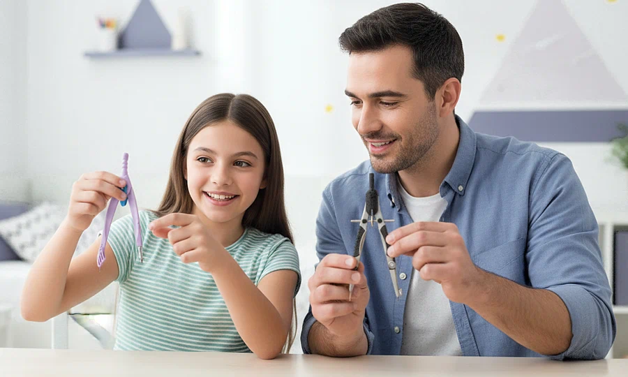Compases de dibujo comprados en Papeleris vistos por padre e hija