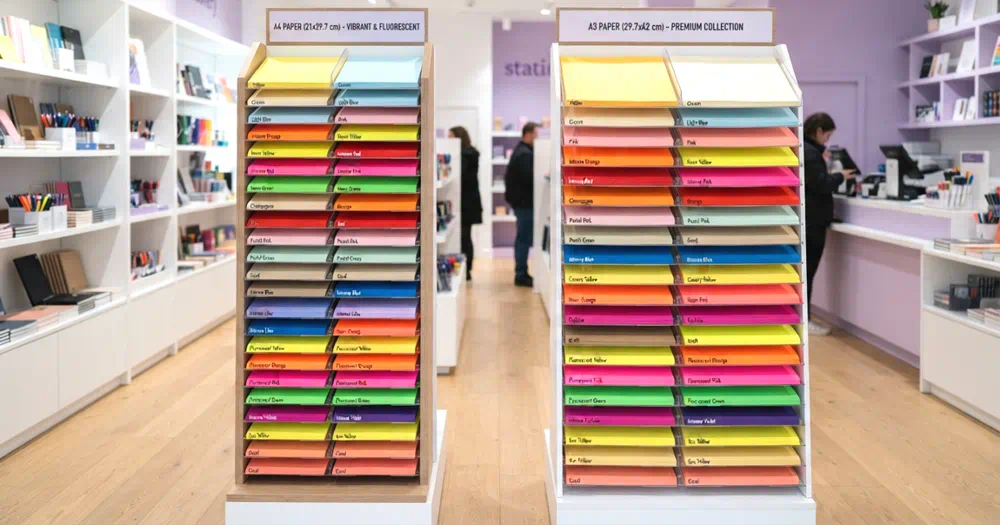 Folios de colores expuestos en expositores en formatos A4 y A3 con un surtido espectacularmente bonito