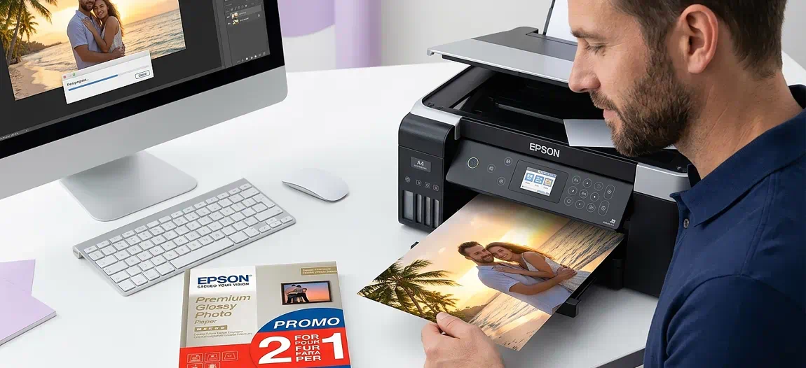 Hombre imprimiendo en papel fotográfico para impresora comprado en Papeleris en su hogar con alta calidad