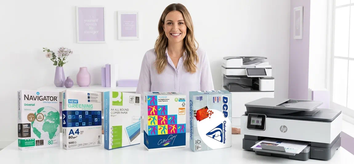 Mujer mostrando varios paquetes diferentes marcas de papel para impresora