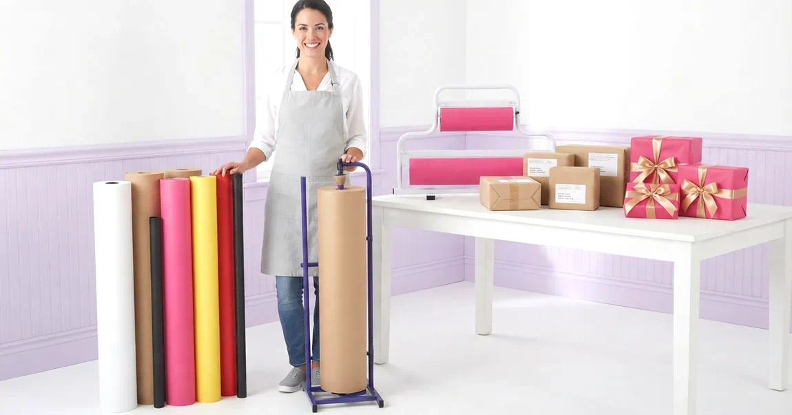 Mujer mostrando rollos de papel kraft de diferentes colores y paquetes envueltos con ese papel
