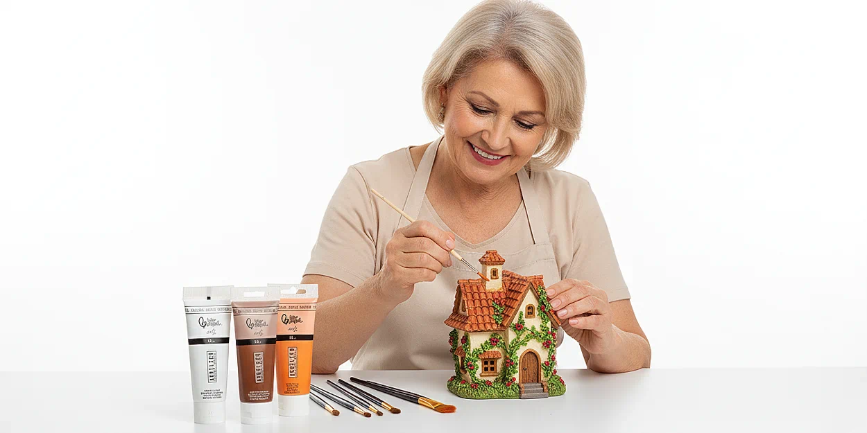 señora pintando una casa de arcilla con pinturas para manualidades