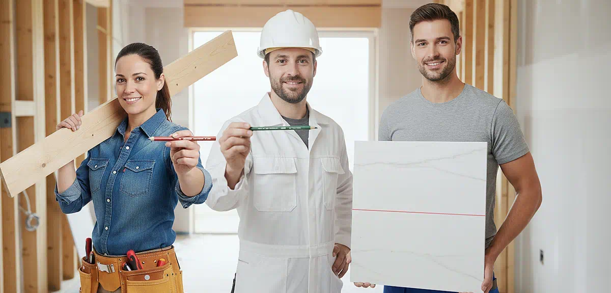 constructores enseñando lápiz de albañil, lápiz de solador y lápiz de carpintero contentos con Papeleris