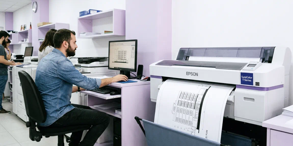 hombre imprimiendo un plano en el papel para plotter comprado en Papeleris