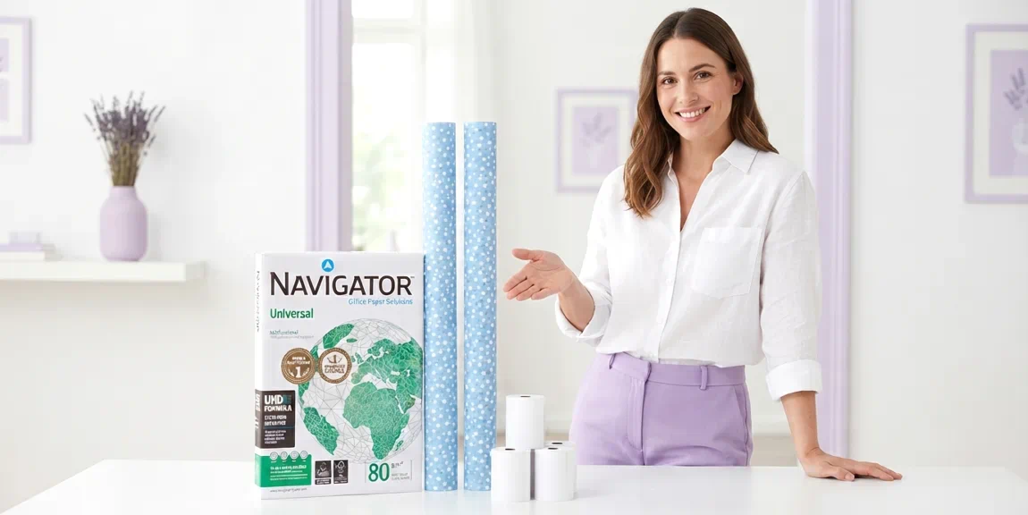 Mujer enseñando algunos de la Venta de papel de papelería de Papeleris