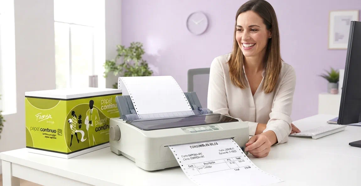 Mujer imprimiendo con papel continuo de venta en Papeleris en impresora matricial