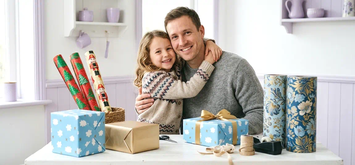 padre con hija envolviendo regalos con papel de regalo de Papeleris