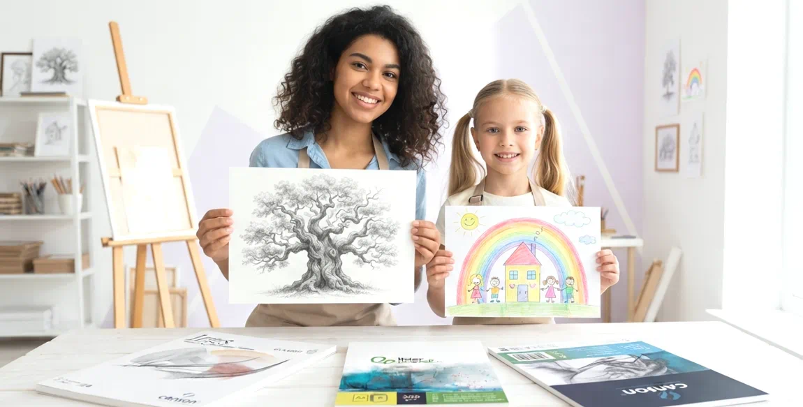 Mujer y niña enseñando sus precios dibujos en las Láminas de dibujo compradas en Papeleris