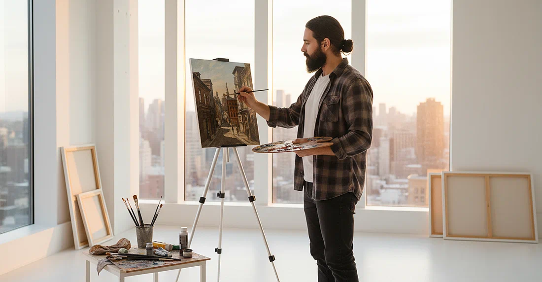 hombre pintando cuadro con pinturas para artistas al óleo