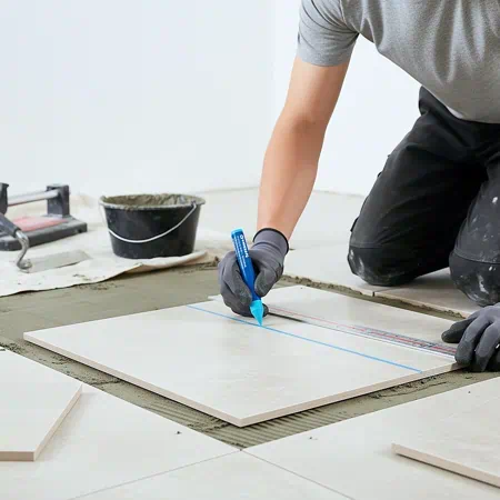 solador marcando azulejo con mina de cera pelikan azul | lápiz de carpintero